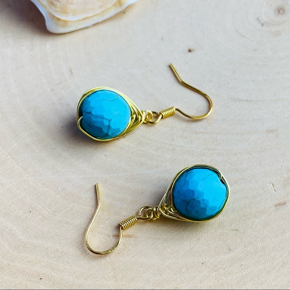Turquoise Earrings Wire wrapped Gold Dangle